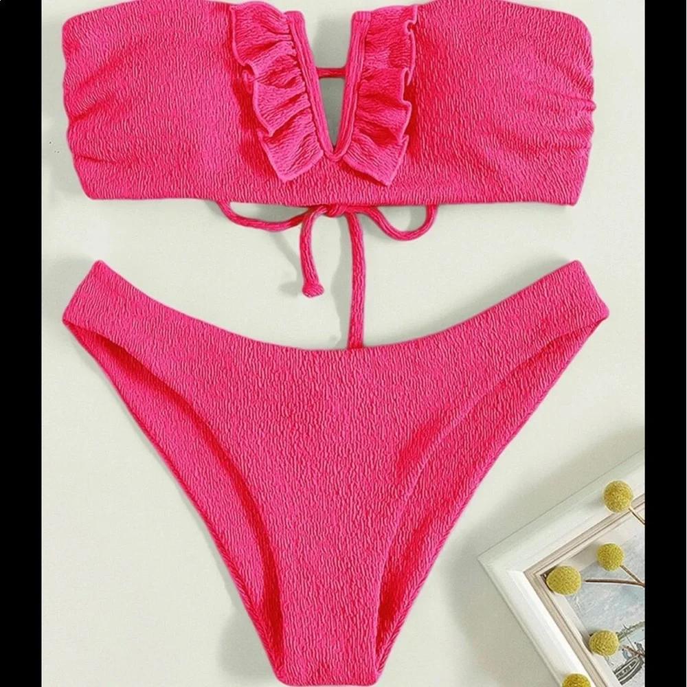 Sexy Hot Pink Ruffles V Neck Crisscross tie back Cheeky Bikini Swimwear Beach - Picture 5 of 6